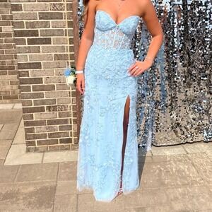 Strapless sherry hill Formal Dress Lace Up Back Slit Light Blue Prom Gown size 4